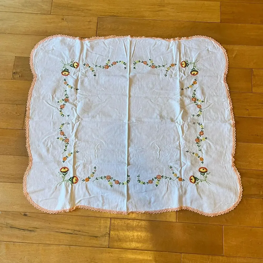 Vintage Hand Embroidered Floral Tablecloth 35x39.5 White Cotton Lace Edge Flower